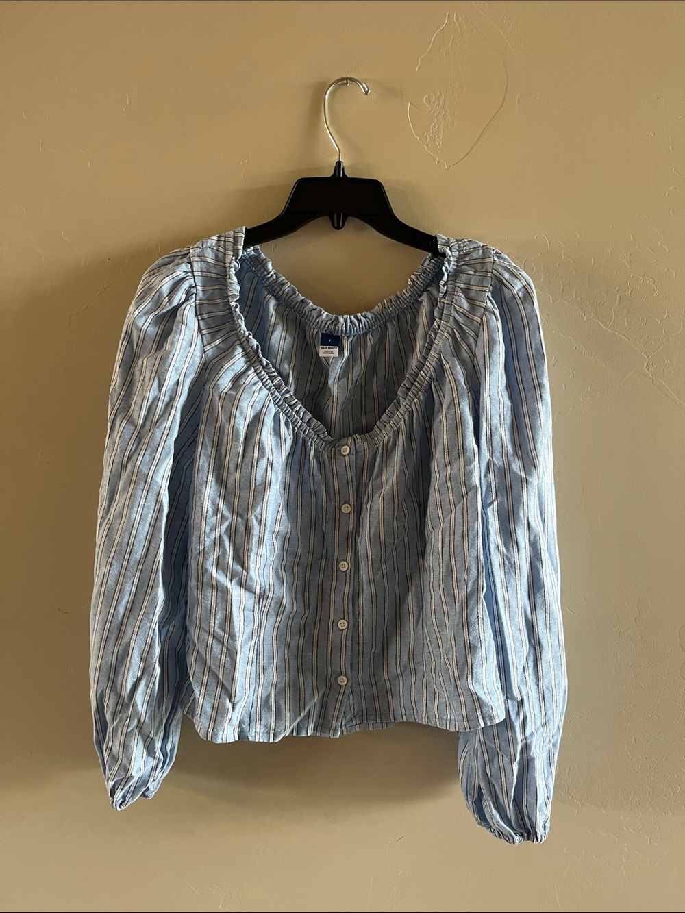 Old Navy Light Blue and White Striped Button-Front Blouse